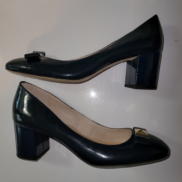 Kate Spade Navy Blue Patent Gold Bow Block Heels